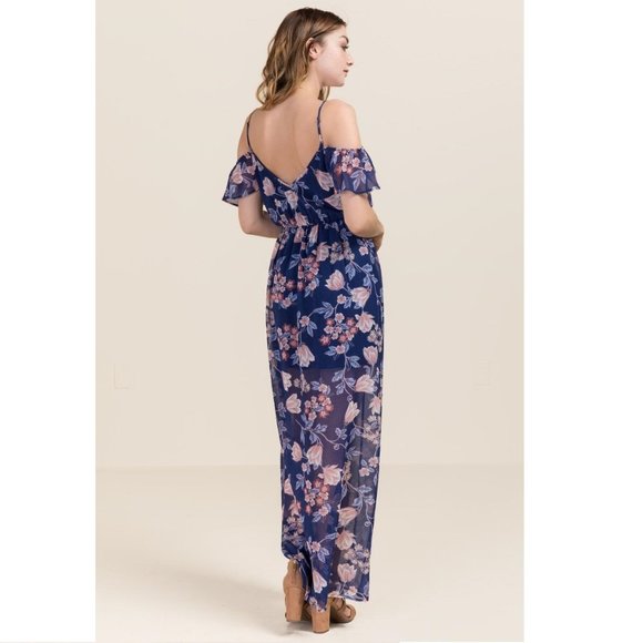 Miami Cold Shoulder maxi gown blue floral print S - Picture 2 of 6